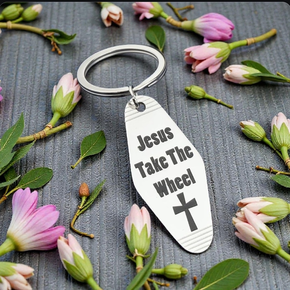 "Jesus Take The Wheel" Silver Inspirational Motel Keychain NIP - Picture 2 of 2